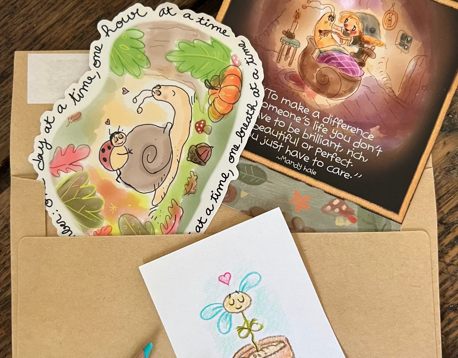 Collection of hand-drawn Sketches, little poscards and stationery items sent to your physical mail box